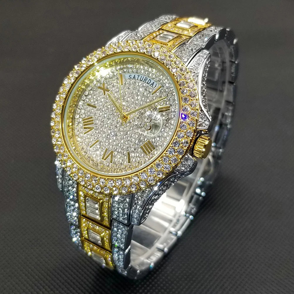 Full Iced Out Watch For Men Luxury Gold Hip Hop Diamond Quartz Mens Watches Waterproof Day Date Clock Best Selling Product 2023