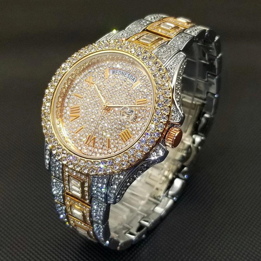 Full Iced Out Watch For Men Luxury Gold Hip Hop Diamond Quartz Mens Watches Waterproof Day Date Clock Best Selling Product 2023
