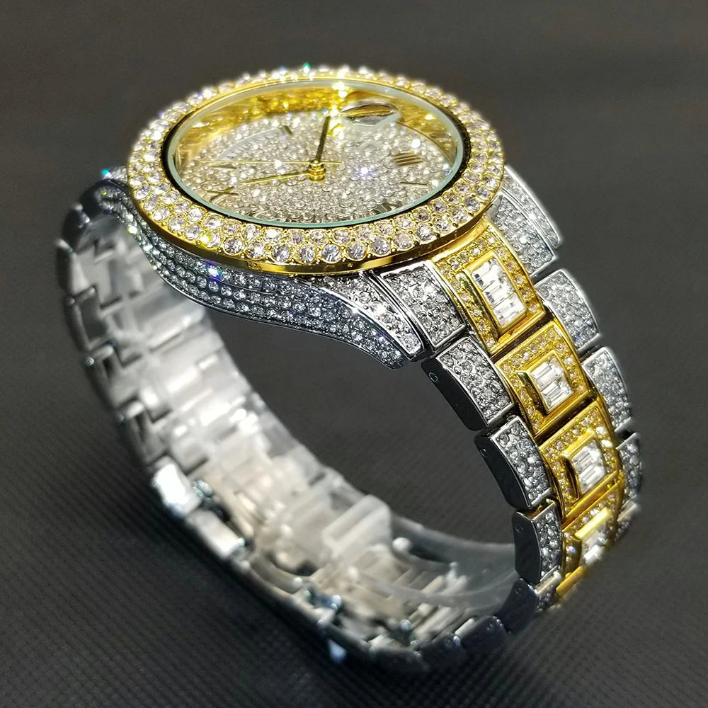 Full Iced Out Watch For Men Luxury Gold Hip Hop Diamond Quartz Mens Watches Waterproof Day Date Clock Best Selling Product 2023