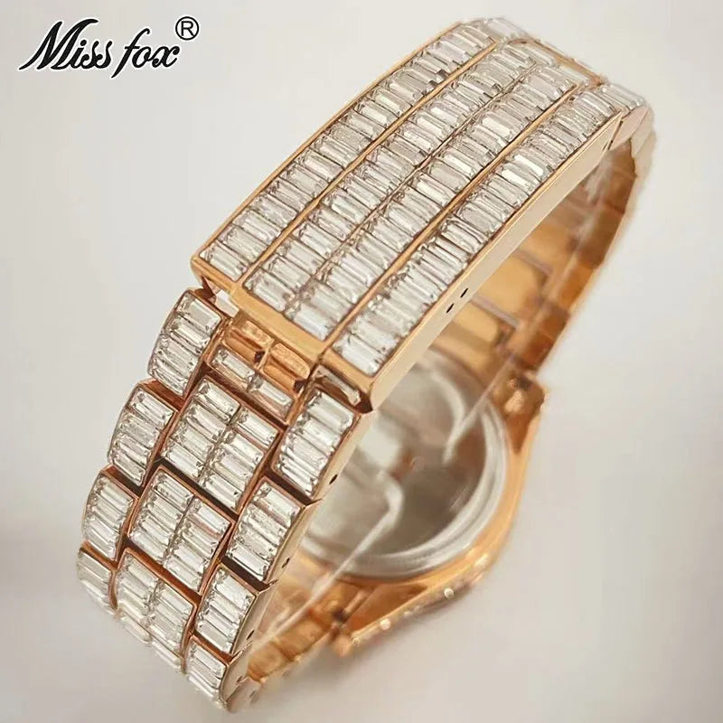 Top Luxury Iced Watch For Men Brand MISSFOX Fashion Rainbow Square Diamond ClockHip Hop Jewelry Rose Quartz Wristwatch Man Reloj