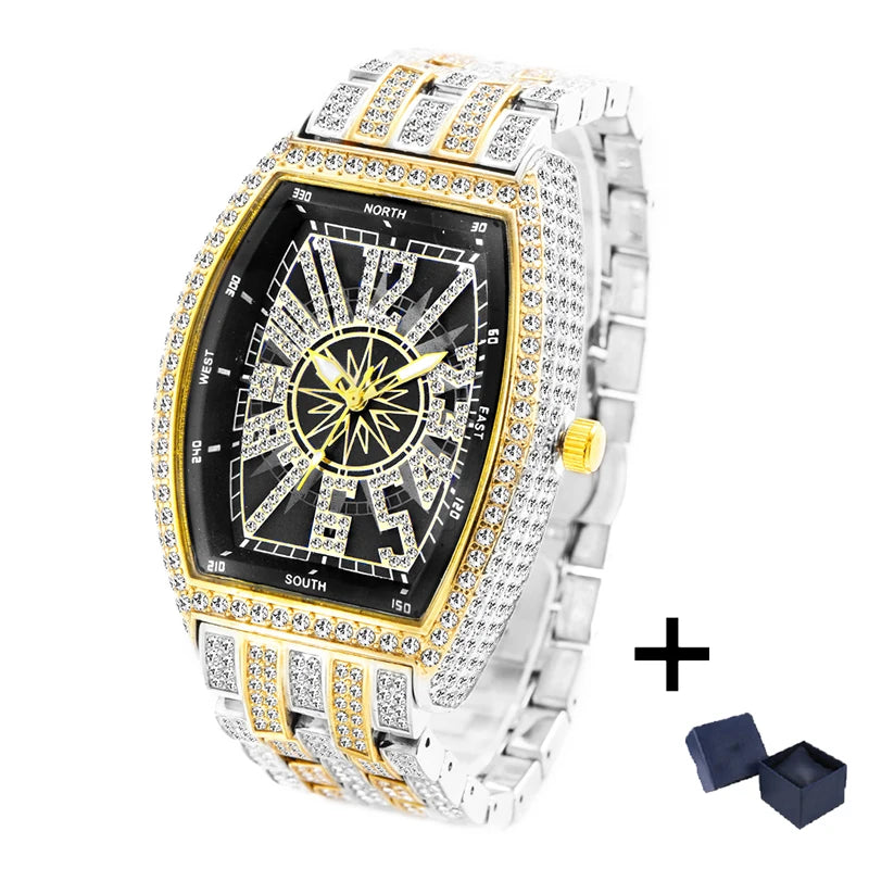 2022 MISSFOX Luxury Mens Watches Fashion Hip Hop Iced Diamond Waterproof Tonneau AAA Quartz Wristwatch Male Reloj Free Shipping