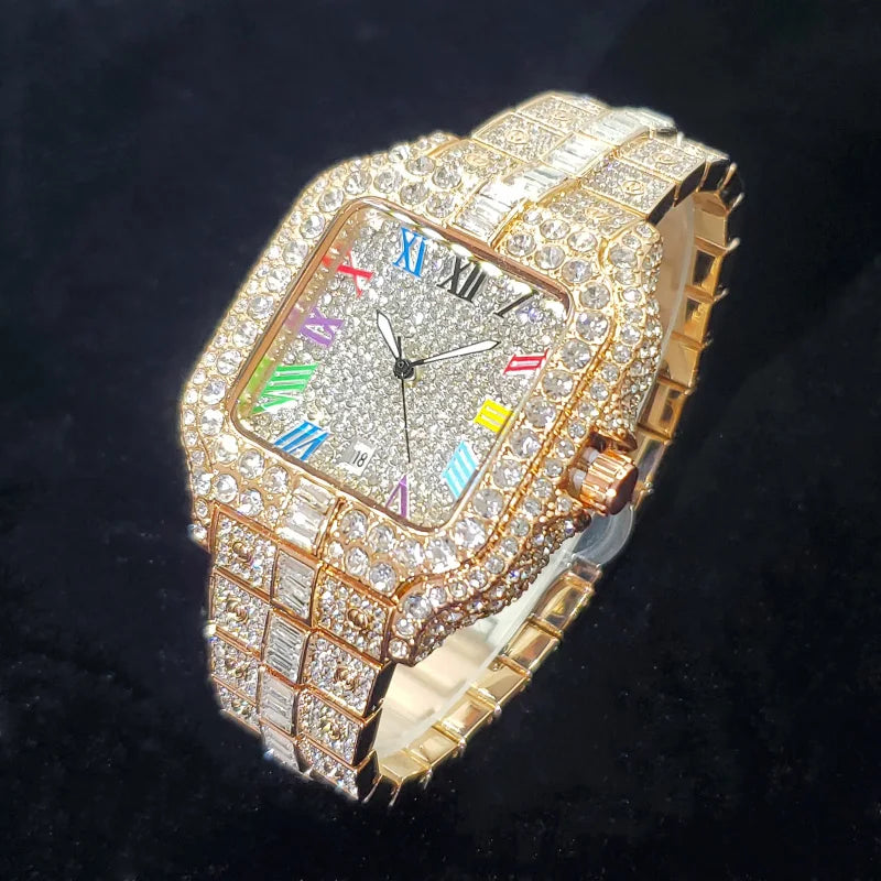 UNIGUET Luxury Diamond Quartz Watch for Men Rainbow Dial  Calendar Hip Hop Iced Out Gold Wristwatch Mens Fashion Accessory 2025
