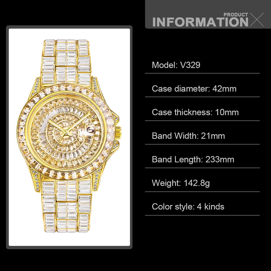 Fashion Men's Iced Out Watches Brand MISSFOX Luxury Automatic Date Male Clock Hip Hop Big Square Diamond Bling Wristwatch Reloj