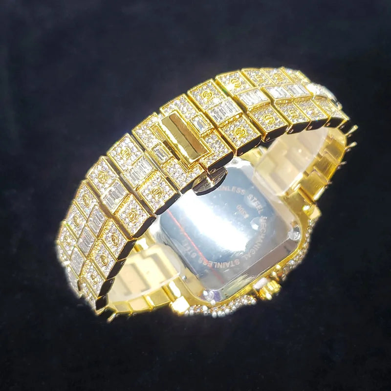 UNIGUET Luxury Diamond Quartz Watch for Men Rainbow Dial  Calendar Hip Hop Iced Out Gold Wristwatch Mens Fashion Accessory 2025