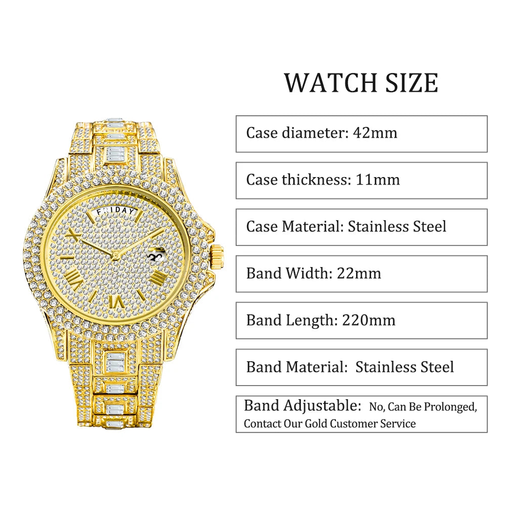 Full Iced Out Watch For Men Luxury Gold Hip Hop Diamond Quartz Mens Watches Waterproof Day Date Clock Best Selling Product 2023