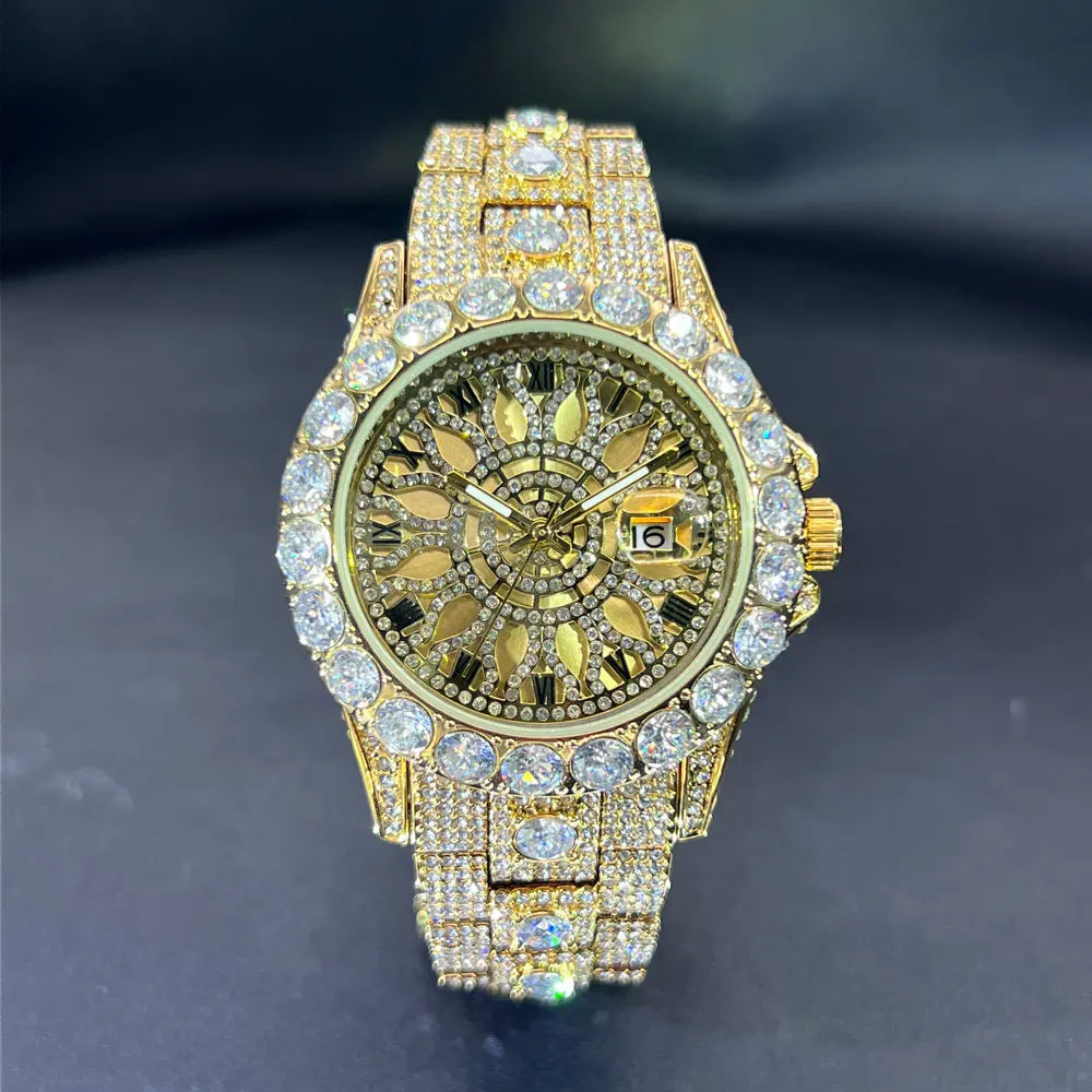 MISSFOX Fashion lced Out Silver Mens Watch Luxury Calendar Waterproof Watch For Man Hip Hop High Quality Big Diamond Wristwatch