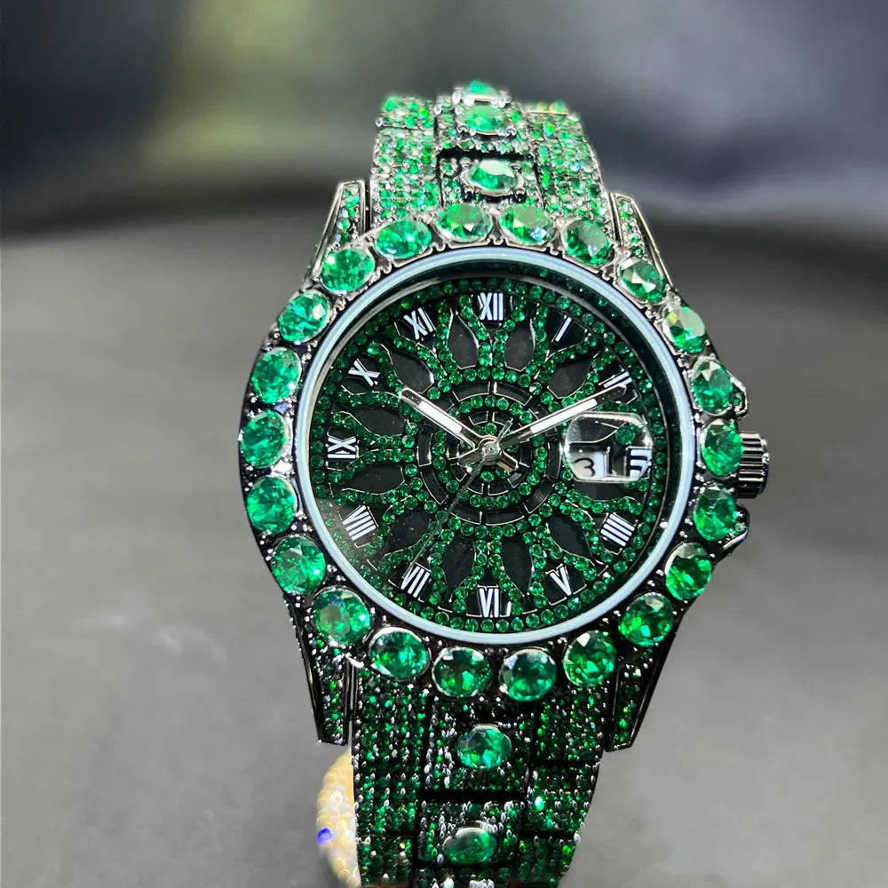 MISSFOX Fashion lced Out Silver Mens Watch Luxury Calendar Waterproof Watch For Man Hip Hop High Quality Big Diamond Wristwatch