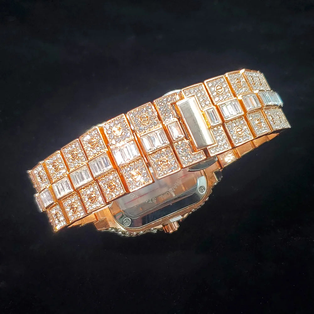 Luxury Diamond Watch for Men Hip Hop Style Bling Bling Iced Out Wristwatch Fashion Square Stainless Steel Waterproof Clock 2024