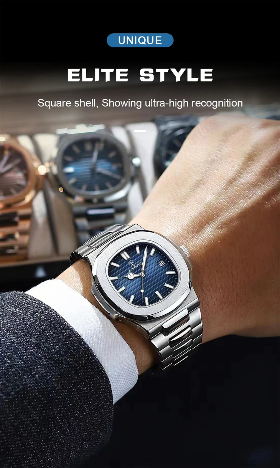 POEDAGAR Luxury Watch Business 50 ATM Waterproof Male Clock Luminous Date Stainless Steel Square Quartz Men Watches reloj hombre