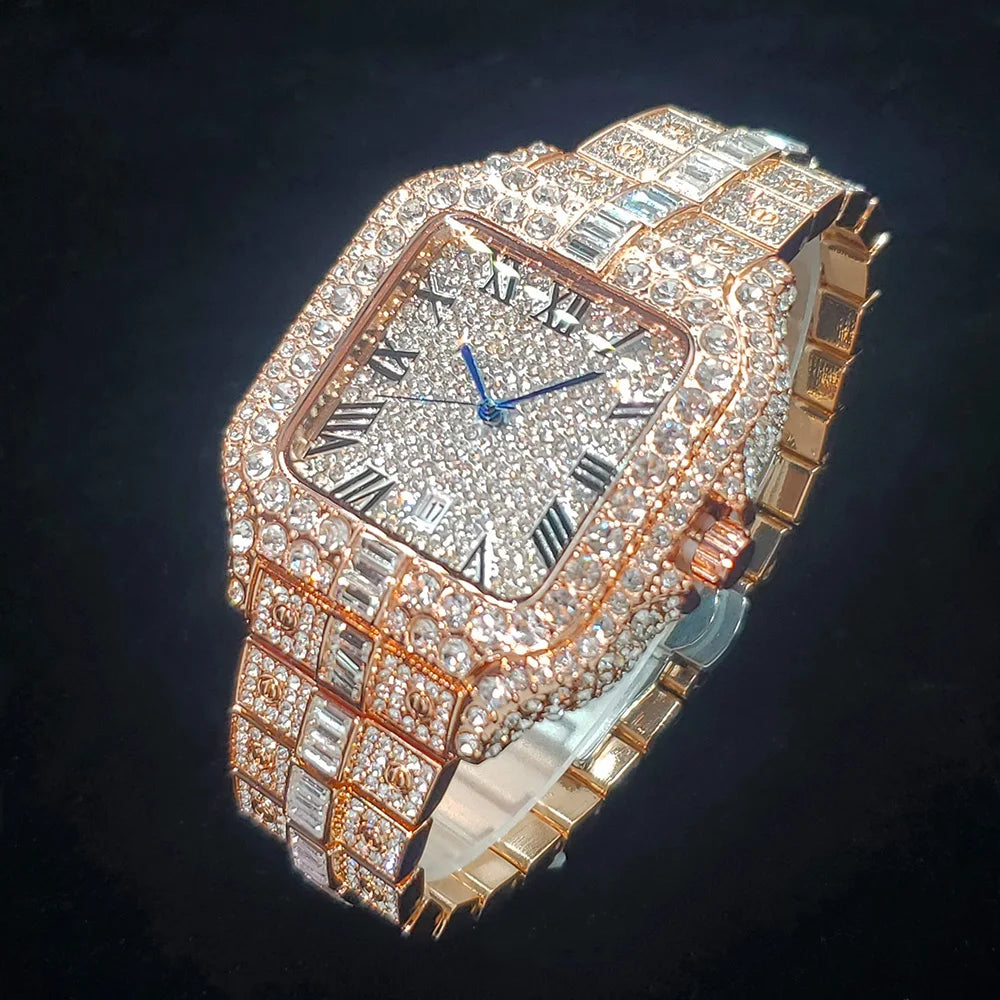 Luxury Diamond Watch for Men Hip Hop Style Bling Bling Iced Out Wristwatch Fashion Square Stainless Steel Waterproof Clock 2024