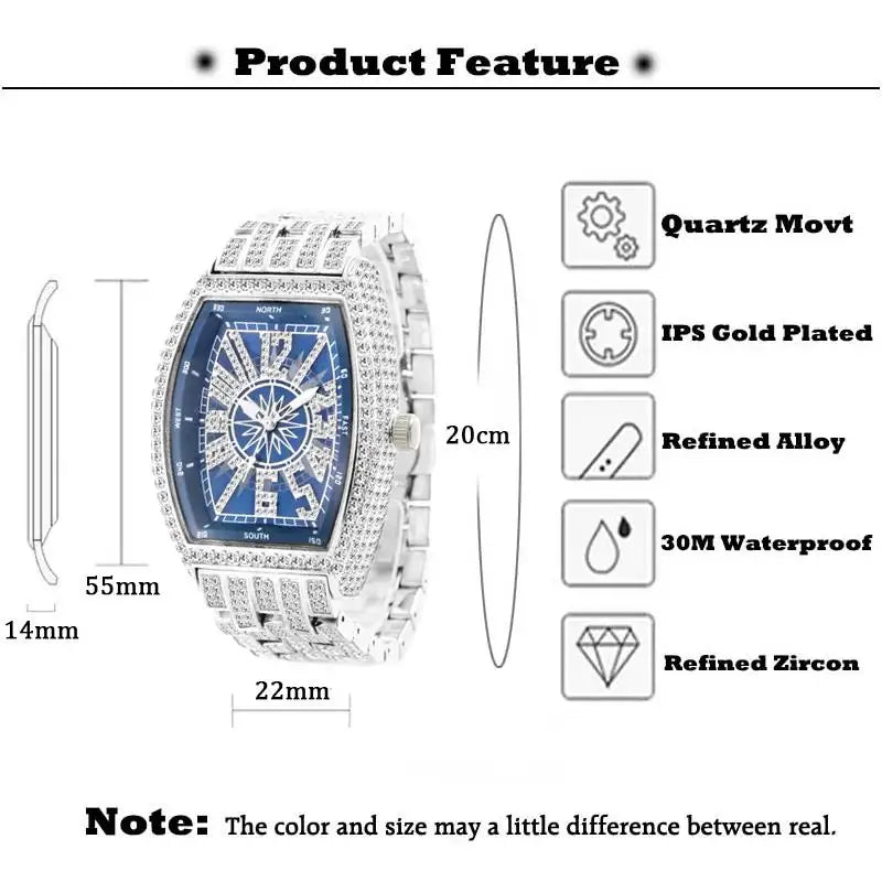 2022 MISSFOX Luxury Mens Watches Fashion Hip Hop Iced Diamond Waterproof Tonneau AAA Quartz Wristwatch Male Reloj Free Shipping