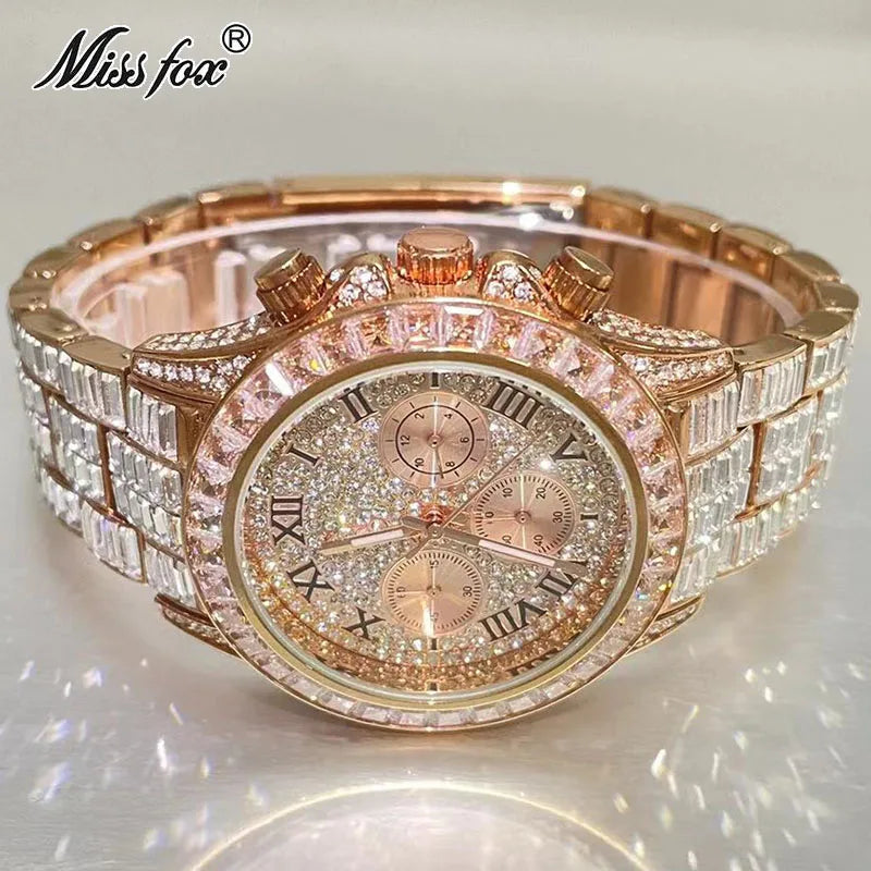 Top Luxury Iced Watch For Men Brand MISSFOX Fashion Rainbow Square Diamond ClockHip Hop Jewelry Rose Quartz Wristwatch Man Reloj