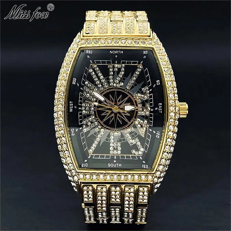 2022 MISSFOX Luxury Mens Watches Fashion Hip Hop Iced Diamond Waterproof Tonneau AAA Quartz Wristwatch Male Reloj Free Shipping