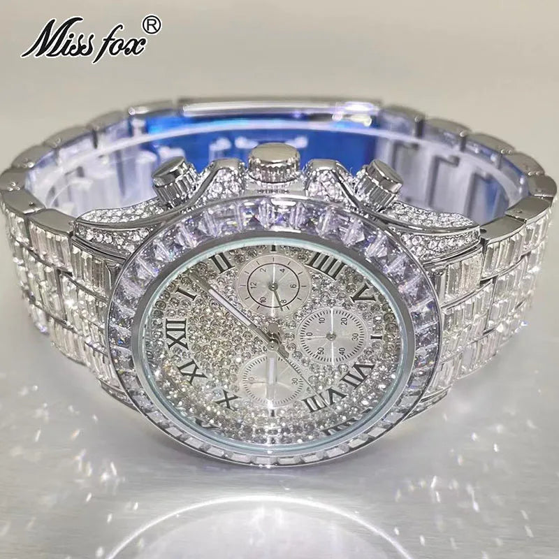 Top Luxury Iced Watch For Men Brand MISSFOX Fashion Rainbow Square Diamond ClockHip Hop Jewelry Rose Quartz Wristwatch Man Reloj