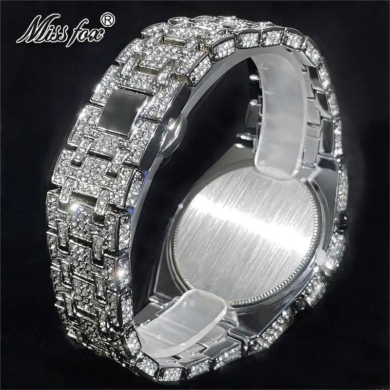 Fashion Brand MISSFOX Luxury Watches Men Automatic Date Waterproof Quartz Clock Hip Hop Iced Diamond Jewelry WristWatch Man 2023