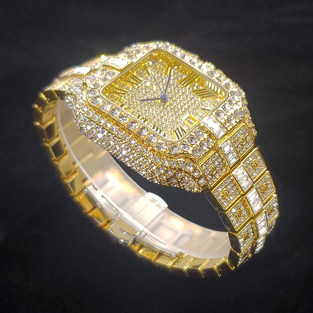 Luxury Diamond Watch for Men Hip Hop Style Bling Bling Iced Out Wristwatch Fashion Square Stainless Steel Waterproof Clock 2024