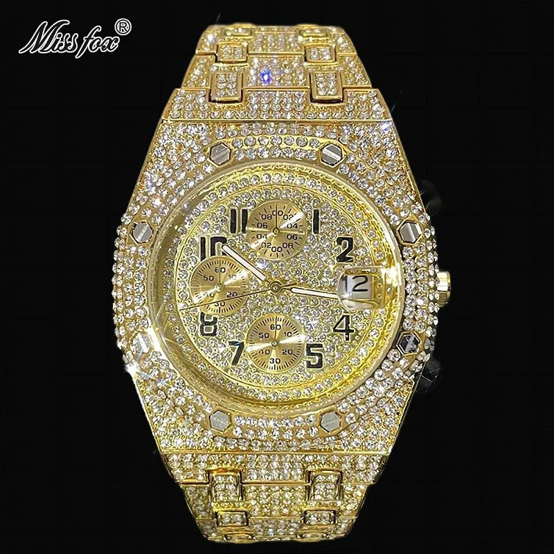 Fashion Brand MISSFOX Luxury Watches Men Automatic Date Waterproof Quartz Clock Hip Hop Iced Diamond Jewelry WristWatch Man 2023