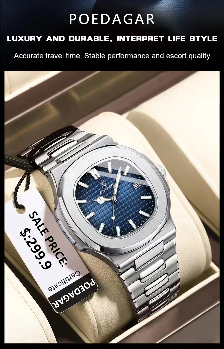 POEDAGAR Luxury Watch Business 50 ATM Waterproof Male Clock Luminous Date Stainless Steel Square Quartz Men Watches reloj hombre