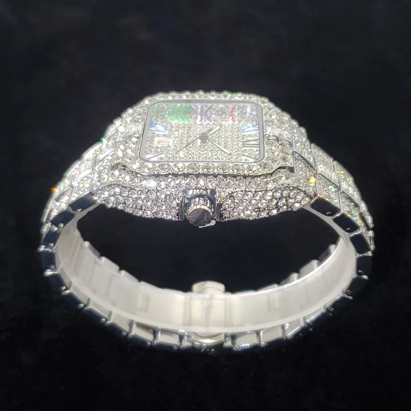 UNIGUET Luxury Diamond Quartz Watch for Men Rainbow Dial  Calendar Hip Hop Iced Out Gold Wristwatch Mens Fashion Accessory 2025