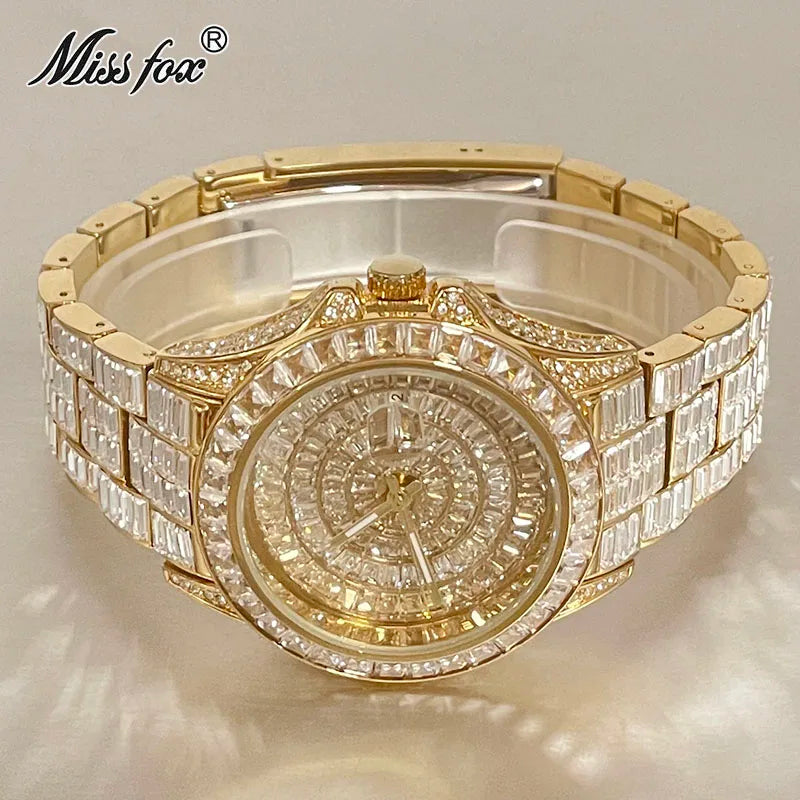 Fashion Men's Iced Out Watches Brand MISSFOX Luxury Automatic Date Male Clock Hip Hop Big Square Diamond Bling Wristwatch Reloj