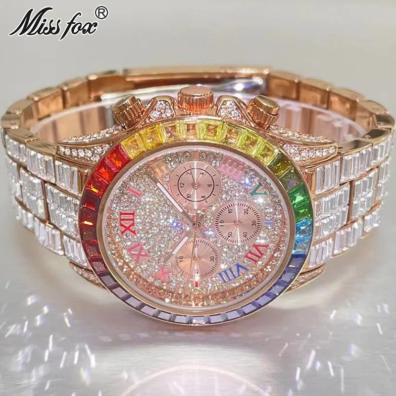 Top Luxury Iced Watch For Men Brand MISSFOX Fashion Rainbow Square Diamond ClockHip Hop Jewelry Rose Quartz Wristwatch Man Reloj