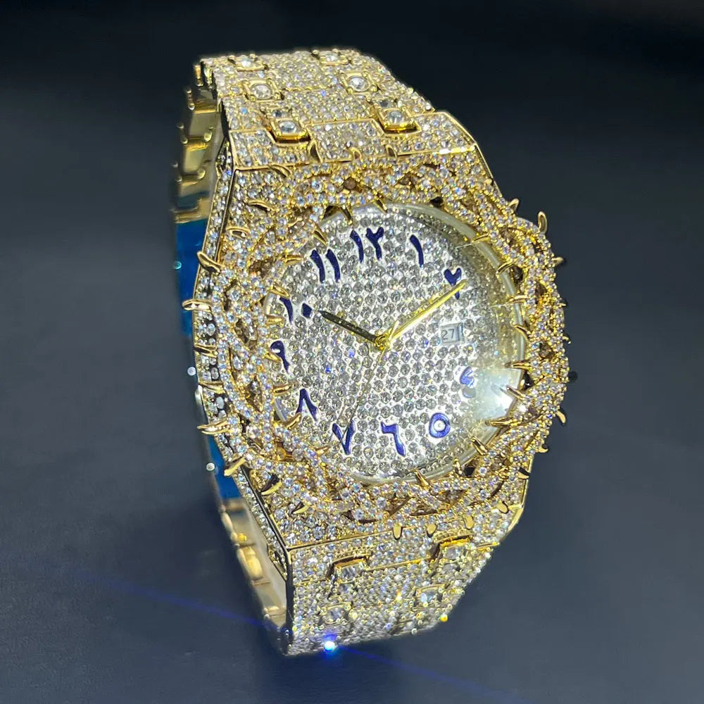 Hot Fashion Full Diamond Watch Men MISSFOX Brand Hip Hop lced Qut Bling Jewelry Flower Quartz Wristwatch For Man Dropshipping