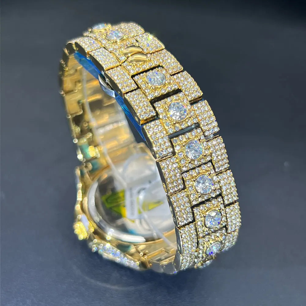 MISSFOX Fashion lced Out Silver Mens Watch Luxury Calendar Waterproof Watch For Man Hip Hop High Quality Big Diamond Wristwatch