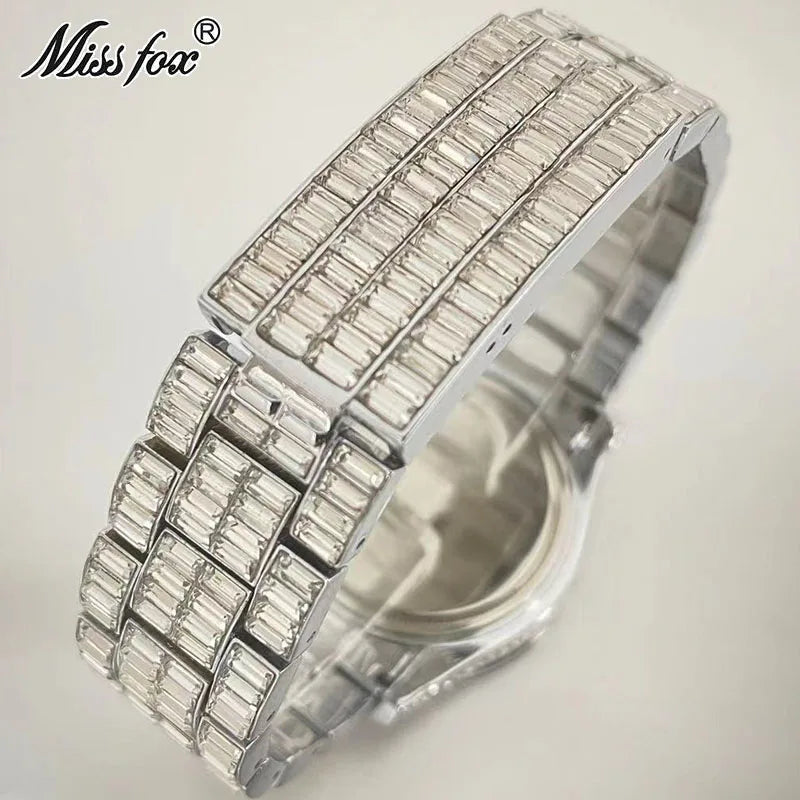 Top Luxury Iced Watch For Men Brand MISSFOX Fashion Rainbow Square Diamond ClockHip Hop Jewelry Rose Quartz Wristwatch Man Reloj
