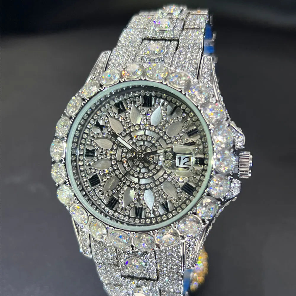 MISSFOX Fashion lced Out Silver Mens Watch Luxury Calendar Waterproof Watch For Man Hip Hop High Quality Big Diamond Wristwatch