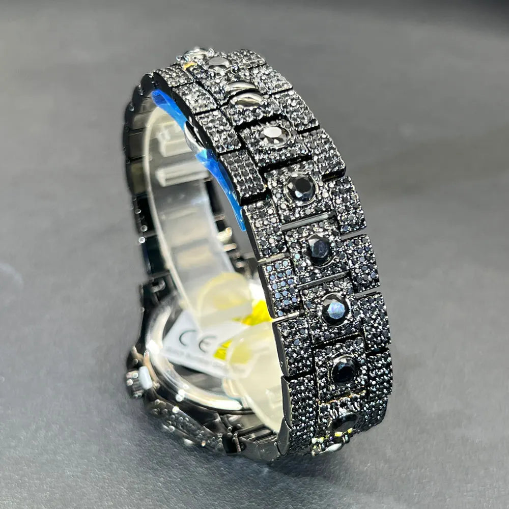 MISSFOX Fashion lced Out Silver Mens Watch Luxury Calendar Waterproof Watch For Man Hip Hop High Quality Big Diamond Wristwatch