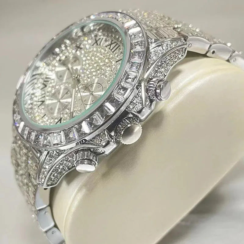 Top Luxury Iced Watch For Men Brand MISSFOX Fashion Rainbow Square Diamond ClockHip Hop Jewelry Rose Quartz Wristwatch Man Reloj