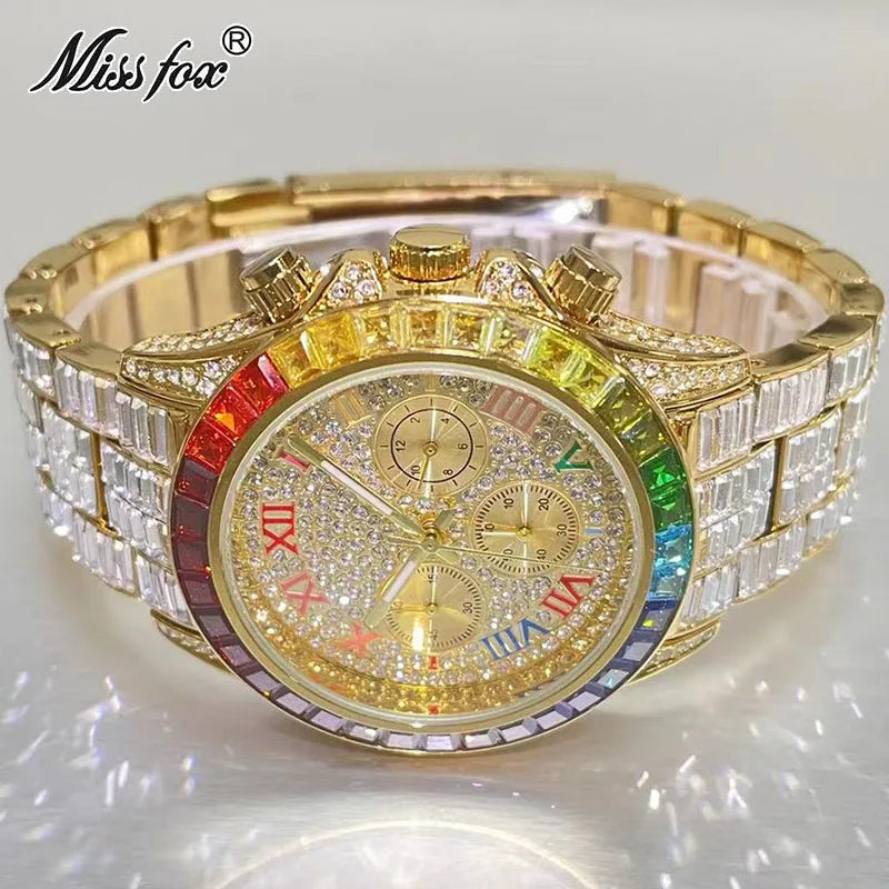 Top Luxury Iced Watch For Men Brand MISSFOX Fashion Rainbow Square Diamond ClockHip Hop Jewelry Rose Quartz Wristwatch Man Reloj