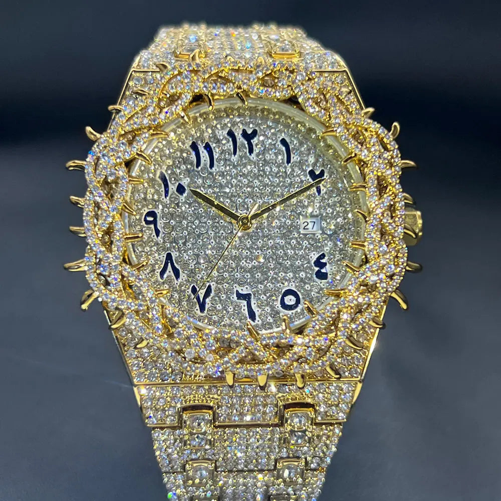 Hot Fashion Full Diamond Watch Men MISSFOX Brand Hip Hop lced Qut Bling Jewelry Flower Quartz Wristwatch For Man Dropshipping