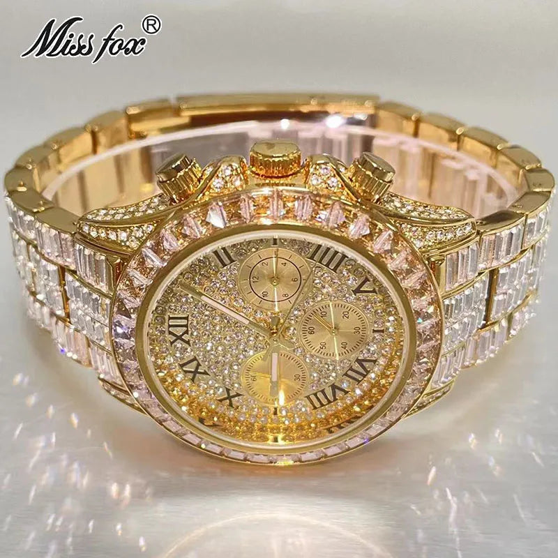 Top Luxury Iced Watch For Men Brand MISSFOX Fashion Rainbow Square Diamond ClockHip Hop Jewelry Rose Quartz Wristwatch Man Reloj