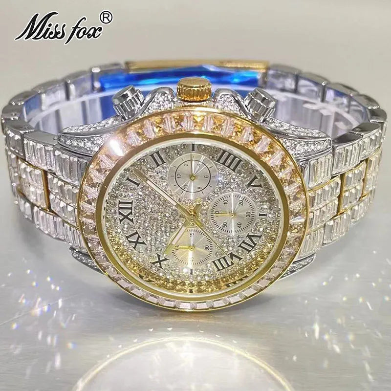 Top Luxury Iced Watch For Men Brand MISSFOX Fashion Rainbow Square Diamond ClockHip Hop Jewelry Rose Quartz Wristwatch Man Reloj