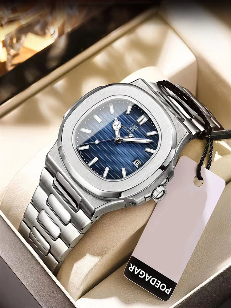 POEDAGAR Luxury Watch Business 50 ATM Waterproof Male Clock Luminous Date Stainless Steel Square Quartz Men Watches reloj hombre