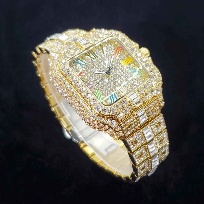 UNIGUET Luxury Diamond Quartz Watch for Men Rainbow Dial  Calendar Hip Hop Iced Out Gold Wristwatch Mens Fashion Accessory 2025