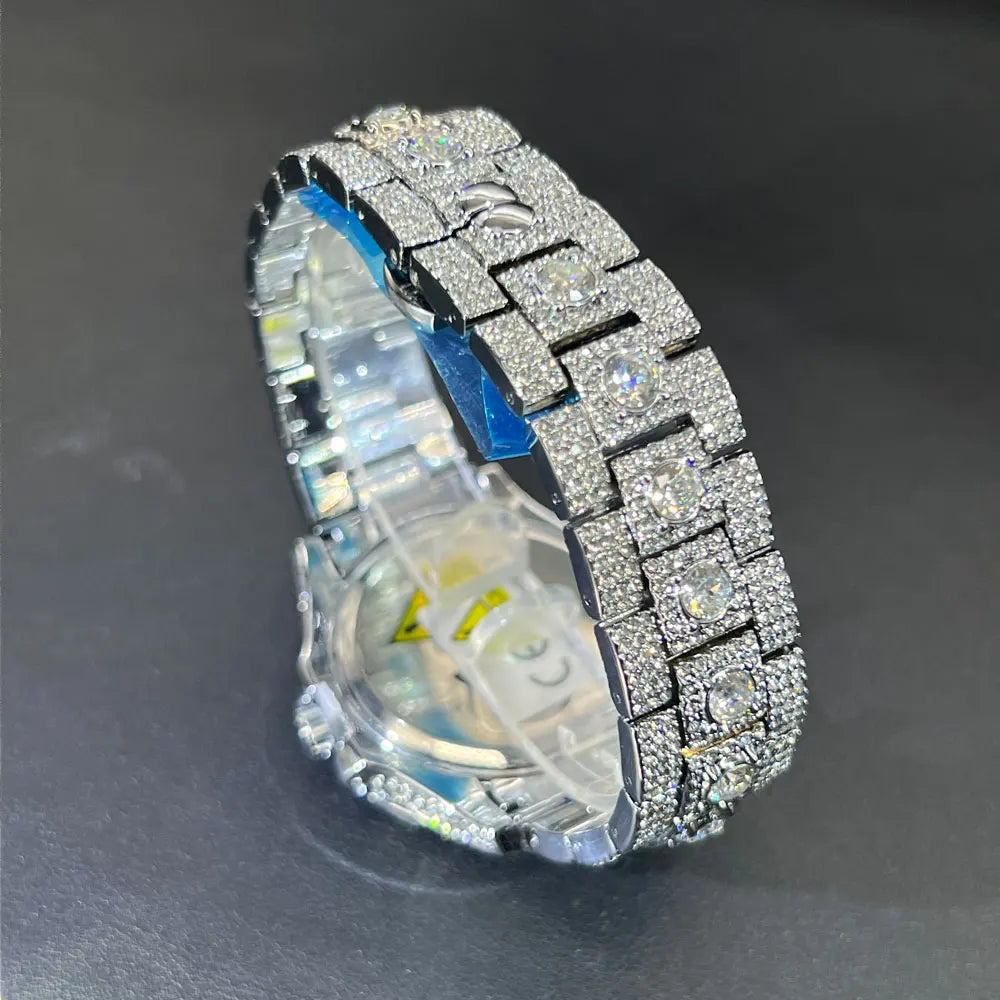 MISSFOX Fashion lced Out Silver Mens Watch Luxury Calendar Waterproof Watch For Man Hip Hop High Quality Big Diamond Wristwatch