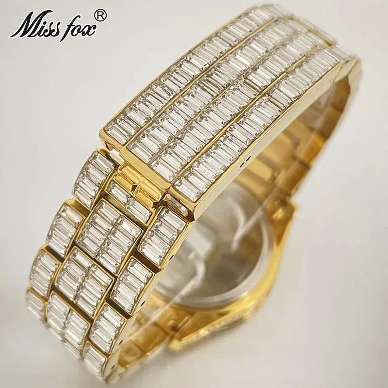Top Luxury Iced Watch For Men Brand MISSFOX Fashion Rainbow Square Diamond ClockHip Hop Jewelry Rose Quartz Wristwatch Man Reloj