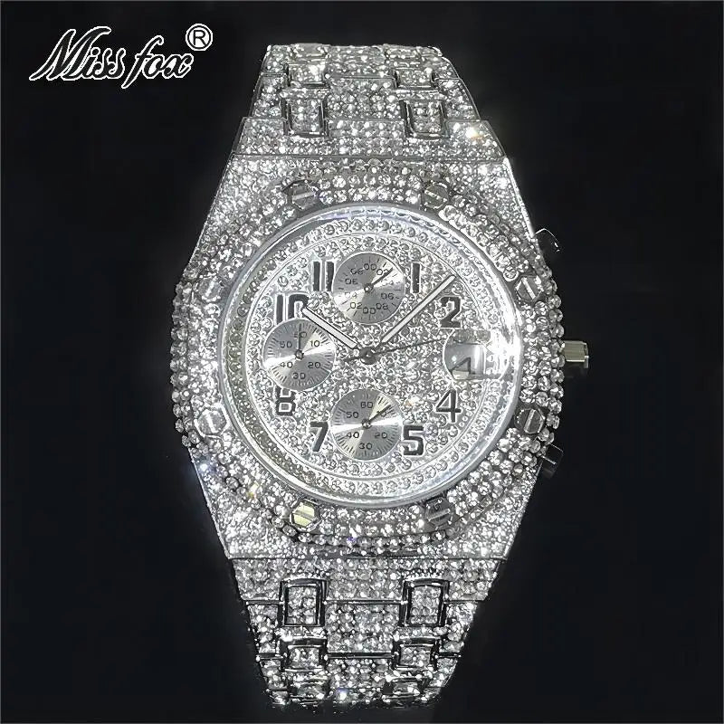 Fashion Brand MISSFOX Luxury Watches Men Automatic Date Waterproof Quartz Clock Hip Hop Iced Diamond Jewelry WristWatch Man 2023