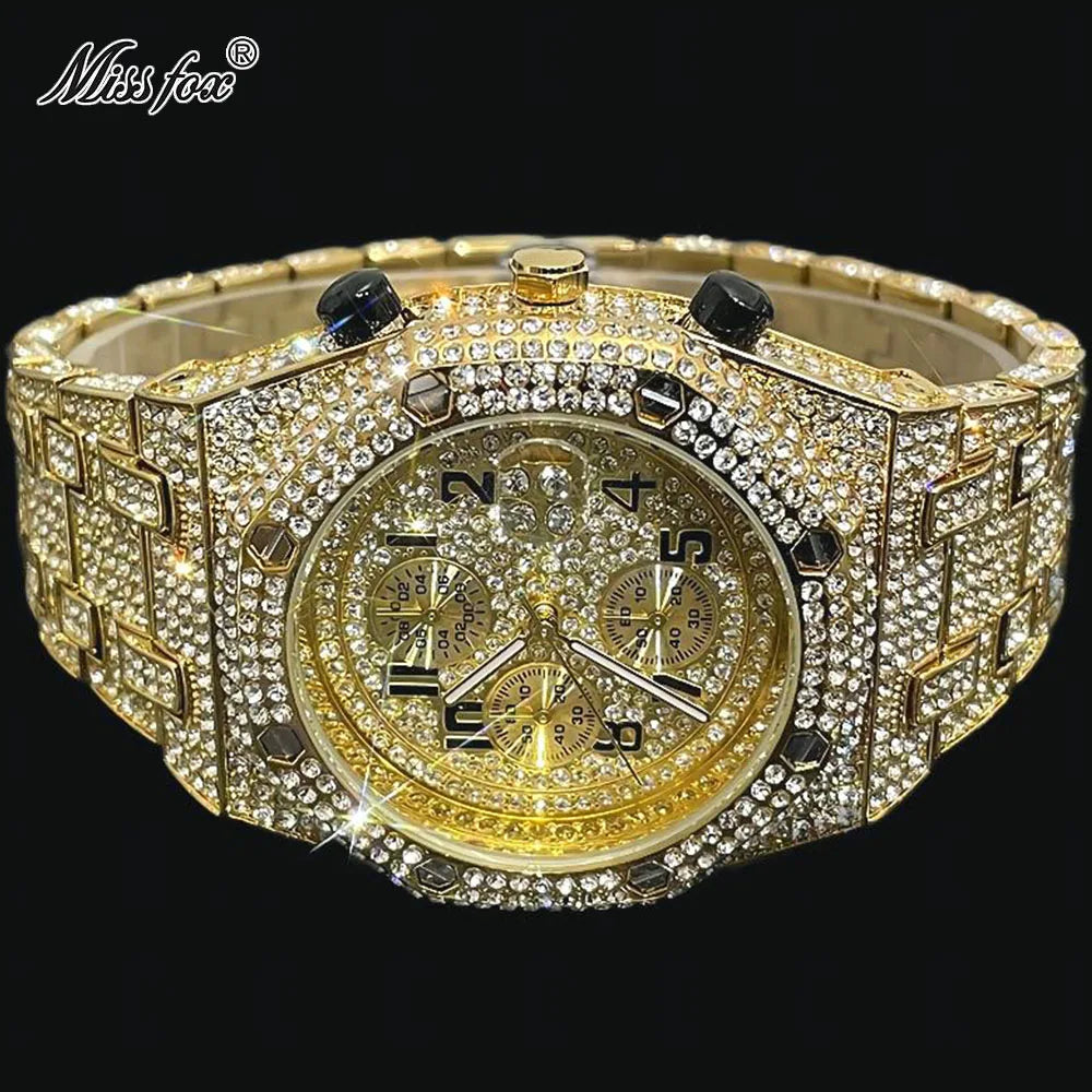Fashion Brand MISSFOX Luxury Watches Men Automatic Date Waterproof Quartz Clock Hip Hop Iced Diamond Jewelry WristWatch Man 2023