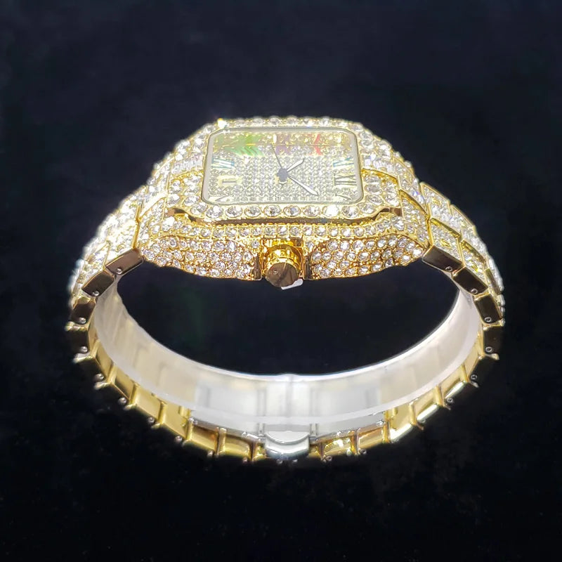 UNIGUET Luxury Diamond Quartz Watch for Men Rainbow Dial  Calendar Hip Hop Iced Out Gold Wristwatch Mens Fashion Accessory 2025