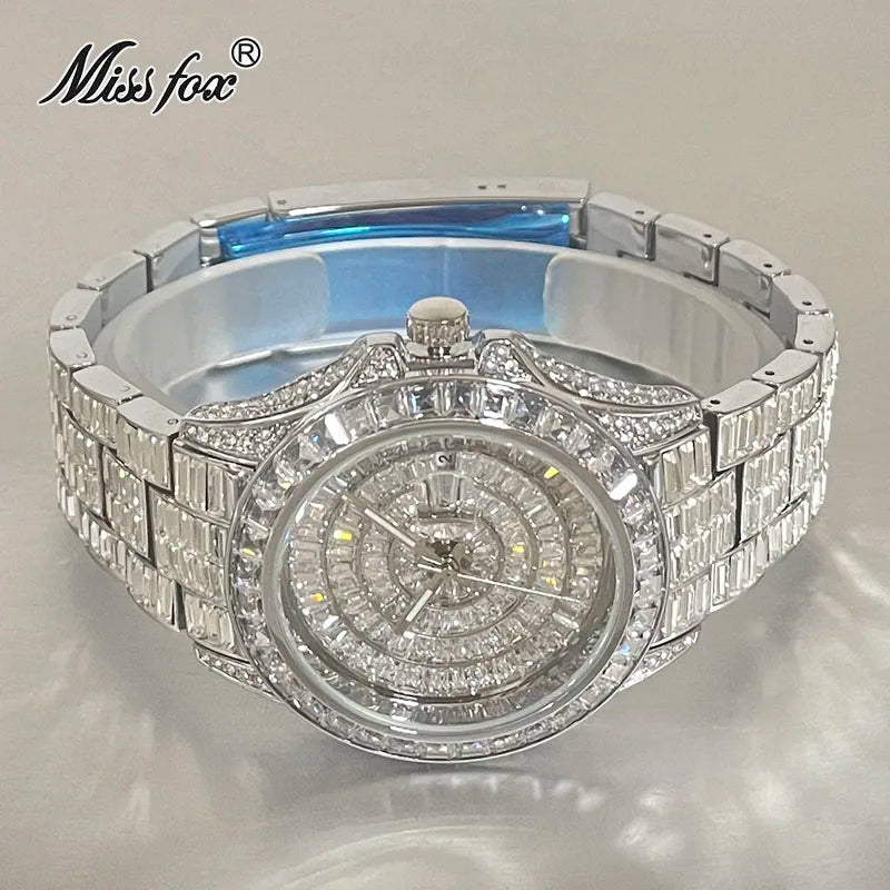 Fashion Men's Iced Out Watches Brand MISSFOX Luxury Automatic Date Male Clock Hip Hop Big Square Diamond Bling Wristwatch Reloj