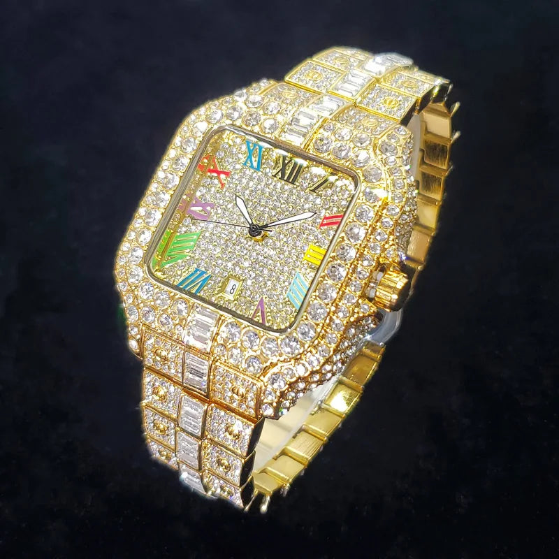 UNIGUET Luxury Diamond Quartz Watch for Men Rainbow Dial  Calendar Hip Hop Iced Out Gold Wristwatch Mens Fashion Accessory 2025