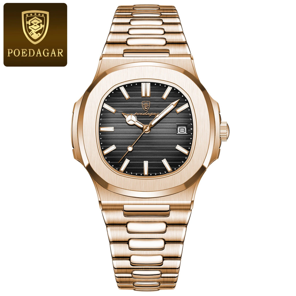 POEDAGAR Luxury Watch Business 50 ATM Waterproof Male Clock Luminous Date Stainless Steel Square Quartz Men Watches reloj hombre