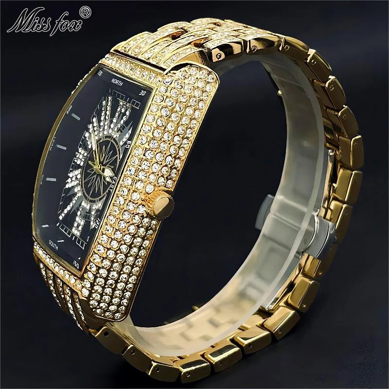 2022 MISSFOX Luxury Mens Watches Fashion Hip Hop Iced Diamond Waterproof Tonneau AAA Quartz Wristwatch Male Reloj Free Shipping