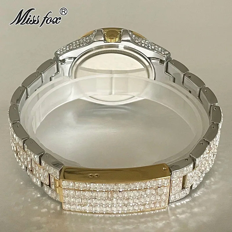 Fashion Men's Iced Out Watches Brand MISSFOX Luxury Automatic Date Male Clock Hip Hop Big Square Diamond Bling Wristwatch Reloj