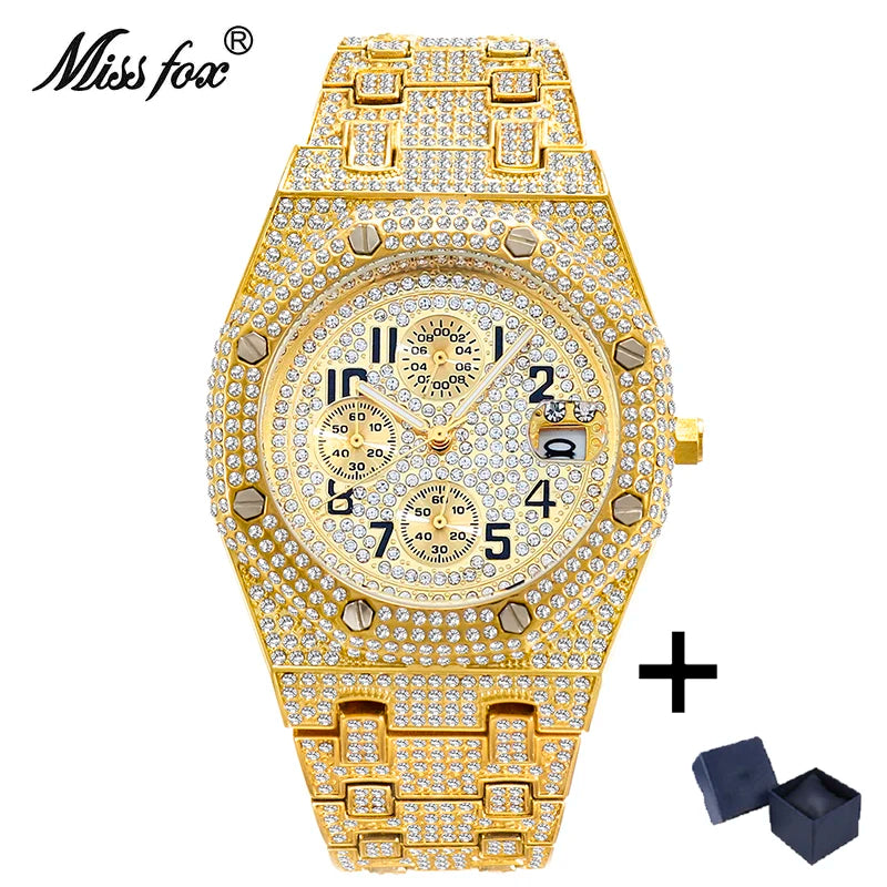 Fashion Brand MISSFOX Luxury Watches Men Automatic Date Waterproof Quartz Clock Hip Hop Iced Diamond Jewelry WristWatch Man 2023