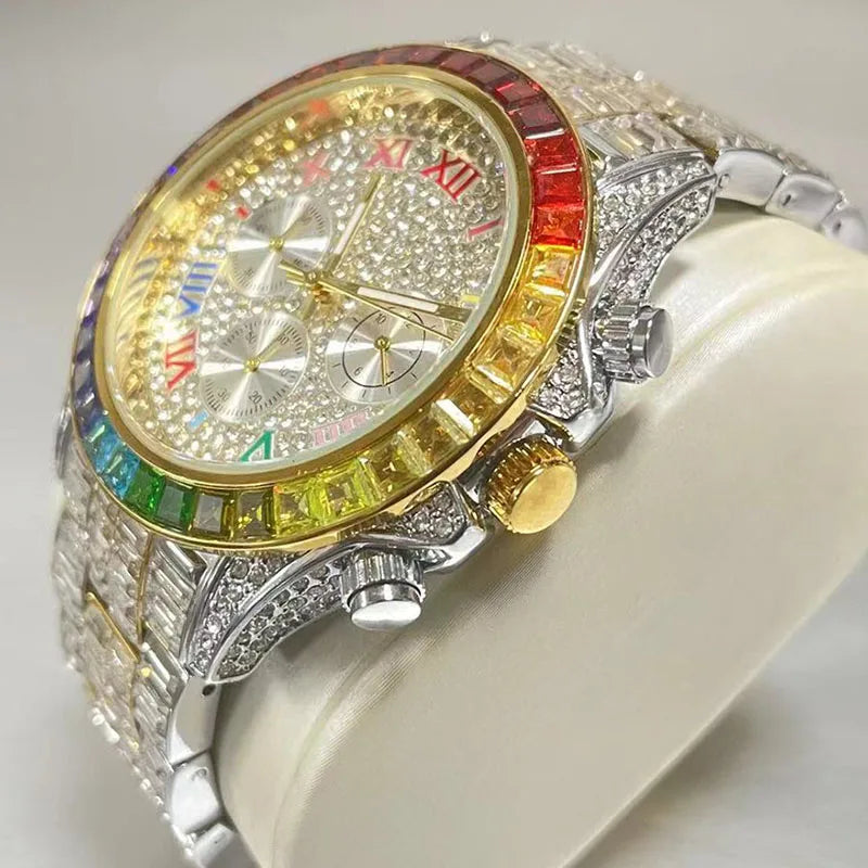 Top Luxury Iced Watch For Men Brand MISSFOX Fashion Rainbow Square Diamond ClockHip Hop Jewelry Rose Quartz Wristwatch Man Reloj