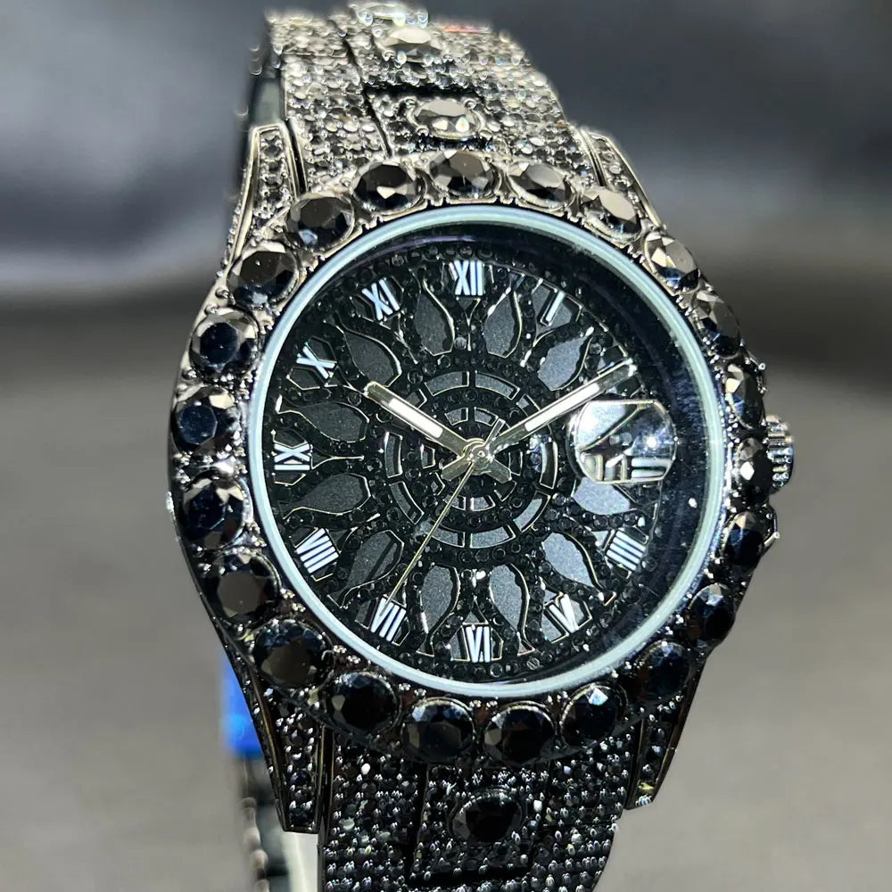 MISSFOX Fashion lced Out Silver Mens Watch Luxury Calendar Waterproof Watch For Man Hip Hop High Quality Big Diamond Wristwatch